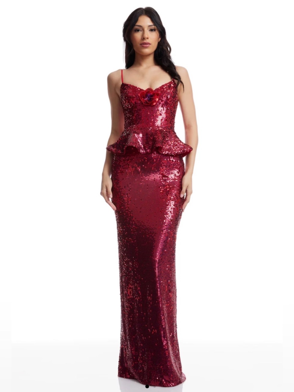 Dress the Population Red Sequin Strapless Peplum Gown